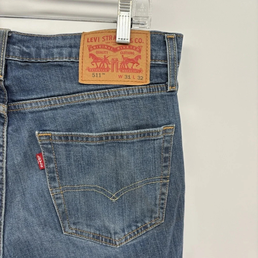 Levis Jeans Blue 511 Slim Straight Distressed Denim Stretch Men 31X32 (31X31.5)